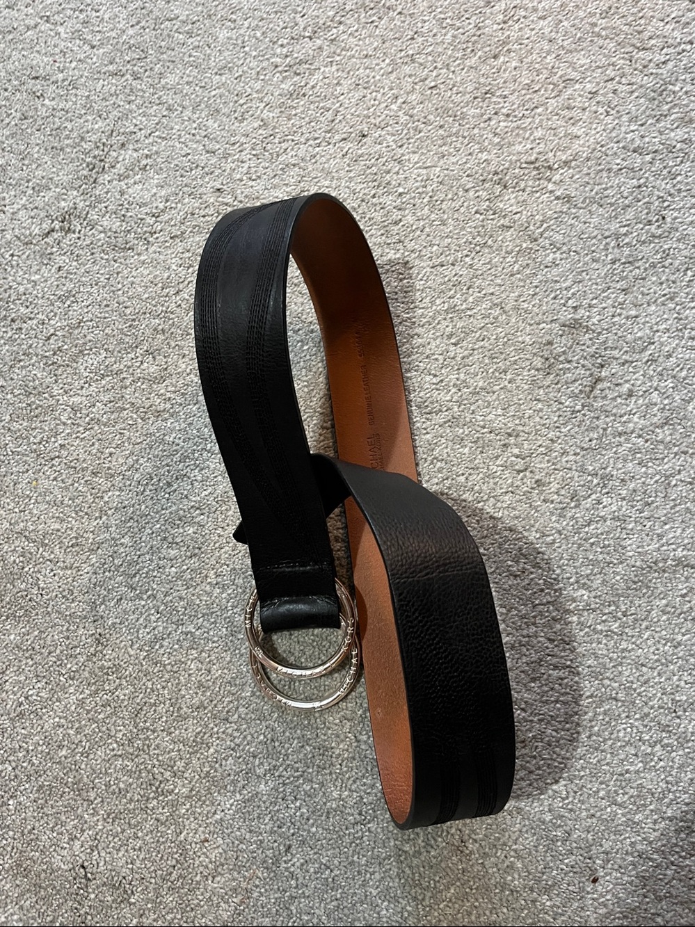 Black leather Michael Kors Belt with Double silver tone  Rings Buckle M/L ex